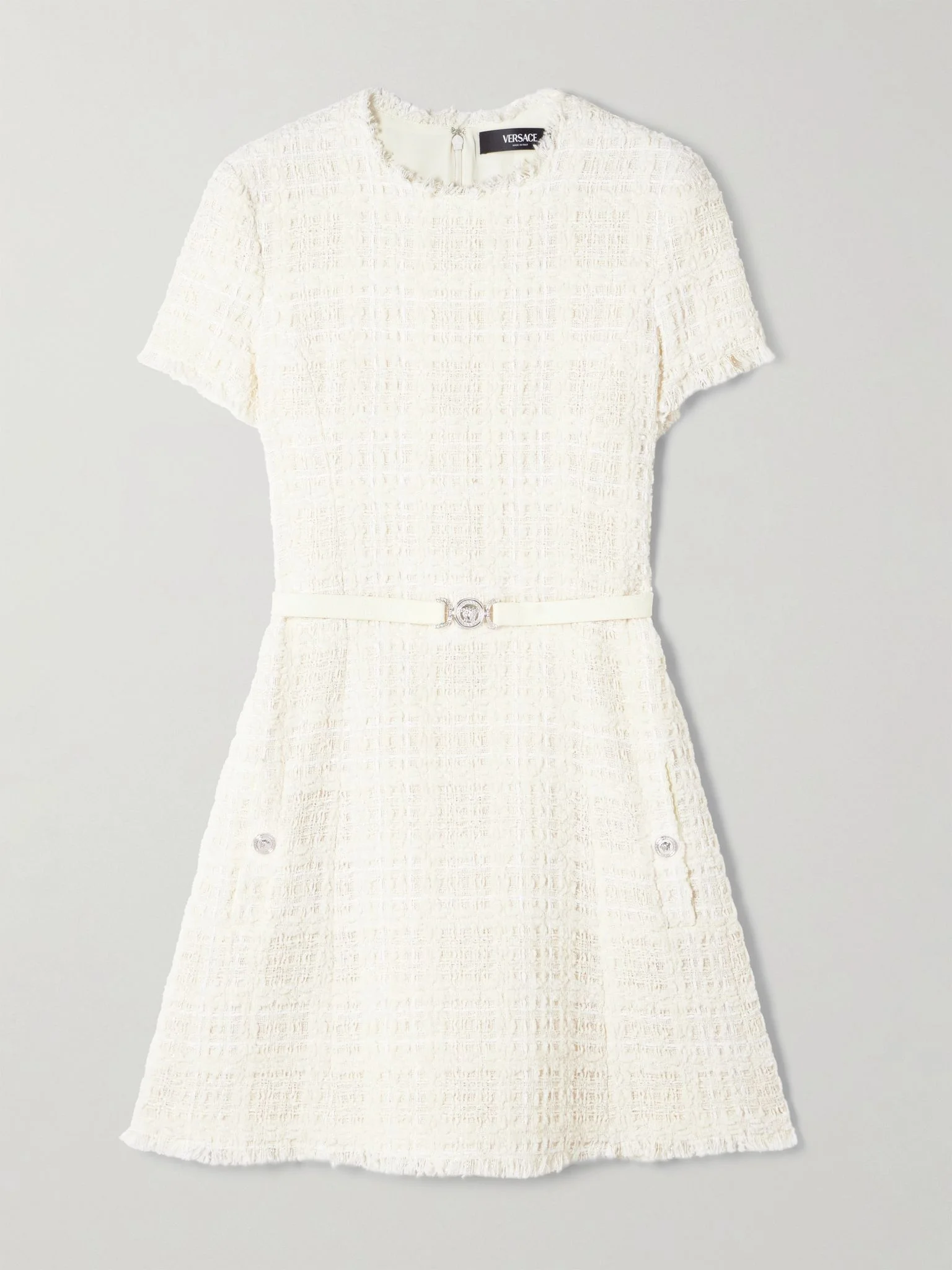 Belted metallic cotton-blend tweed mini dress White - 1