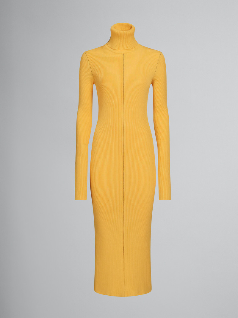 YELLOW RIBBED DRESS WITH TURTLE NECK - 1