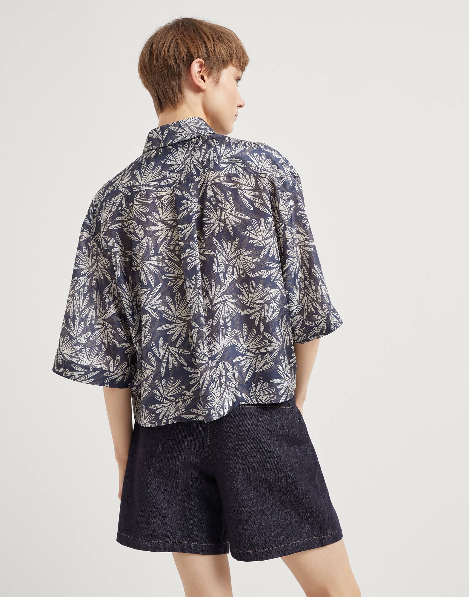 Silk fern print pongee shirt with monili - 2