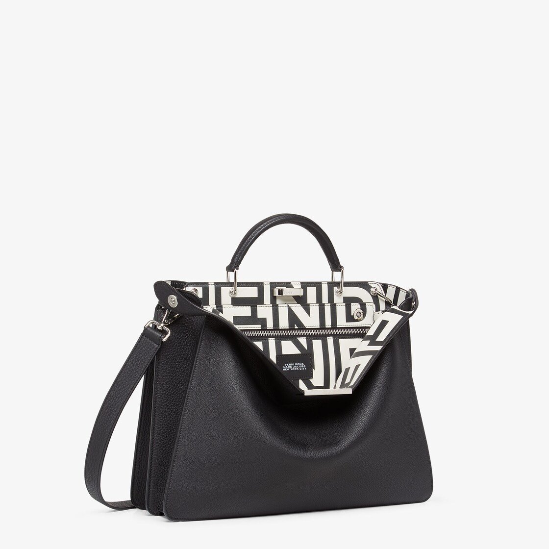 Medium Peekaboo ISeeU bag made of black Cuoio Romano leather, printed on the inside with a black and - 3
