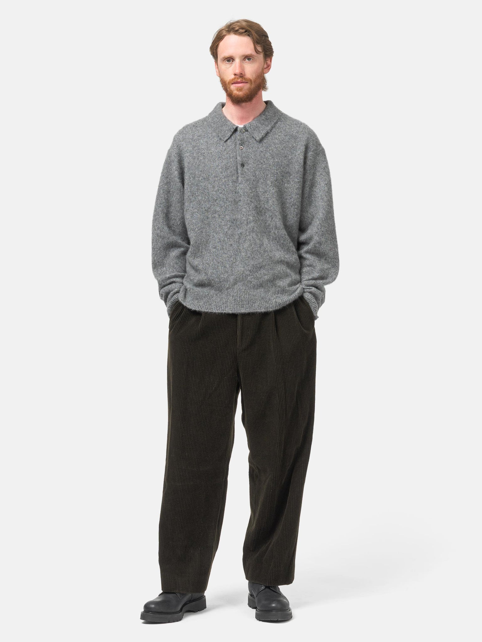 Wool Corduroy Wide Tapered Trousers Khaki - 2
