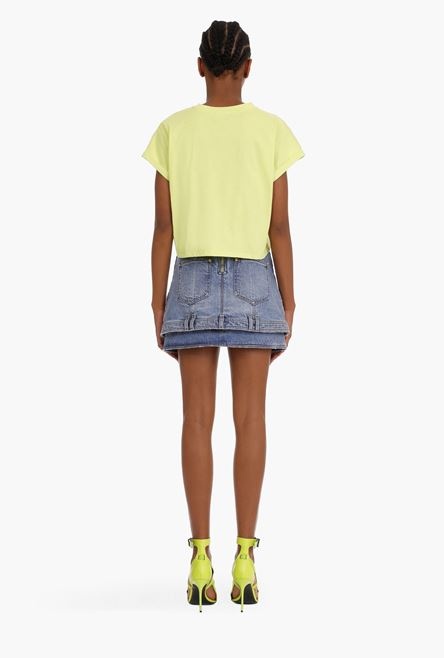 Cropped lime green cotton T-shirt with black flocked Balmain logo - 3