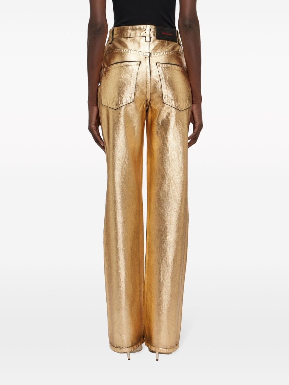 logo-patch metallic-finish high-waist trousers - 4