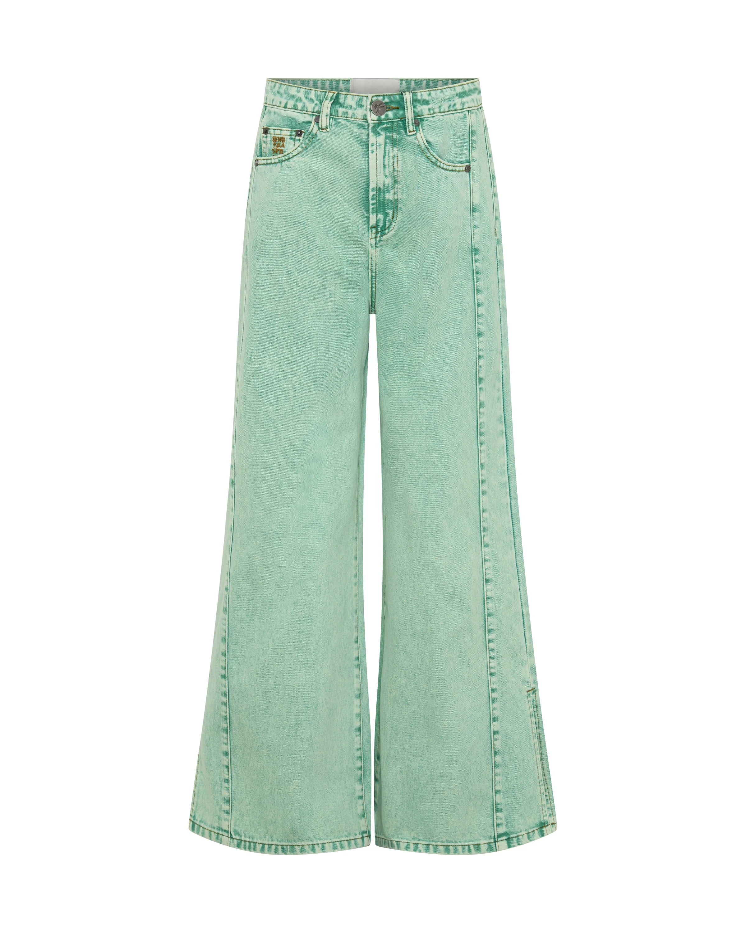 Love Machines Mid Waist Super Wide Leg Denim Jeans - Seaglass Green - 1