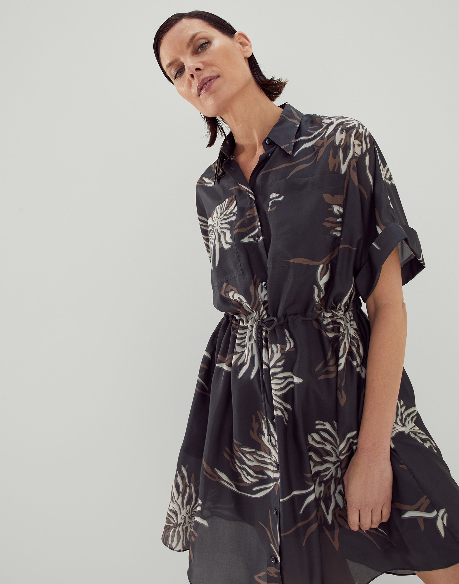 Silk marine flower pongée shirt dress with monili - 4
