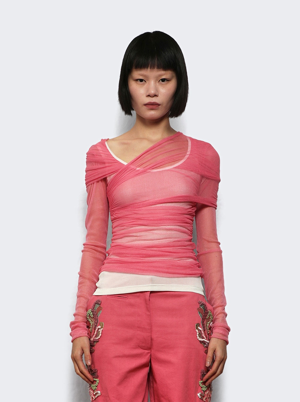 Wrapped Tulle Long Sleeve Tank Cerise Pink - 2