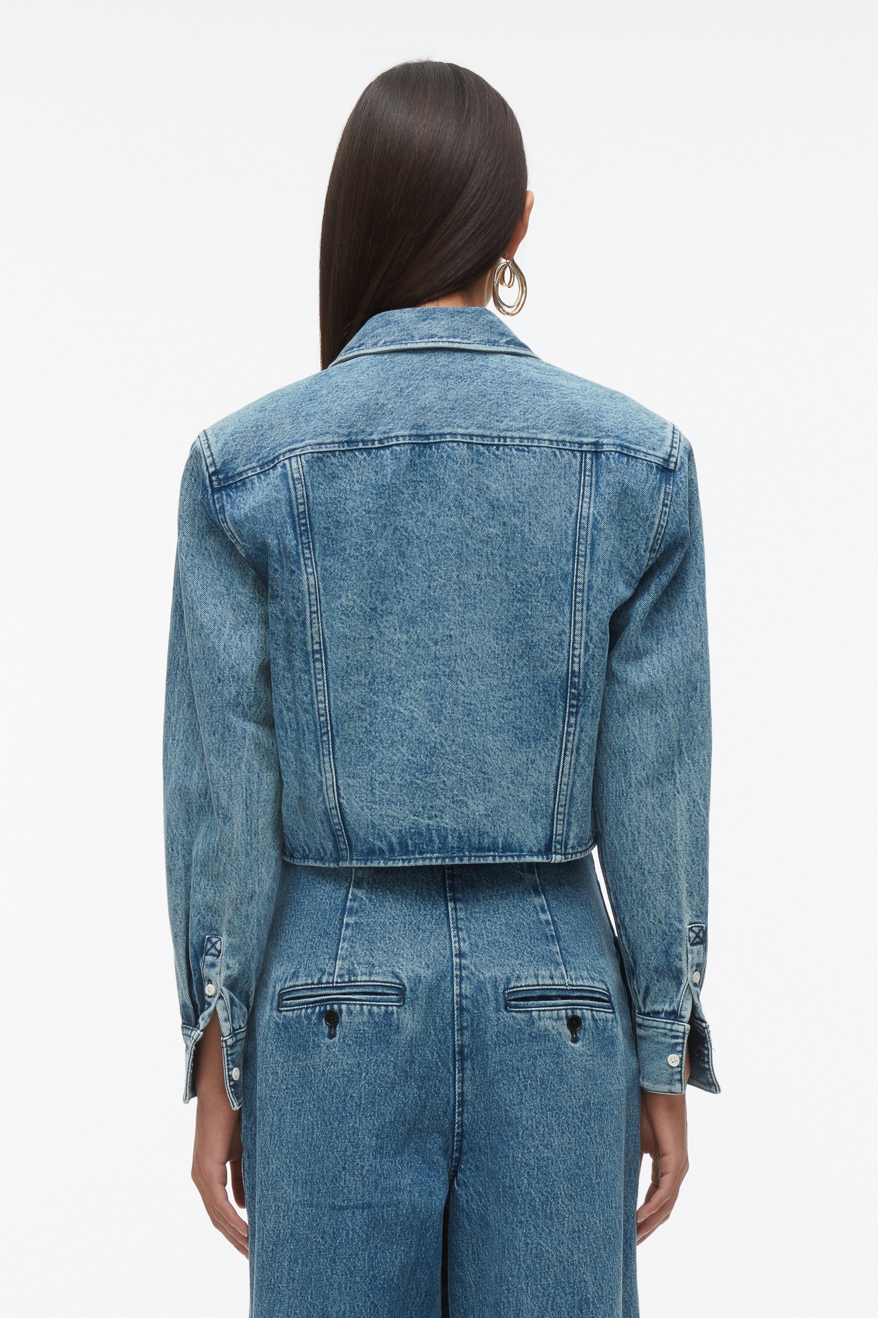 Denim Cropped Shirt with Shoulder Pads - 5