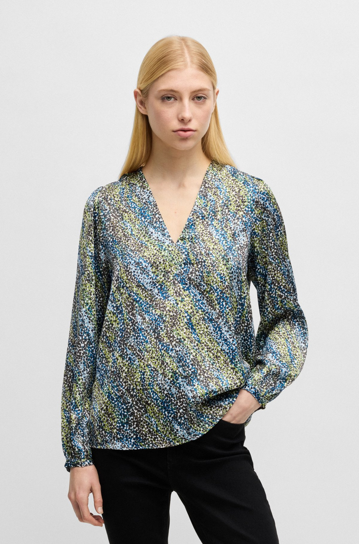 REGULAR-FIT BLOUSE WITH V NECKLINE IN PRINTED SATIN - 2