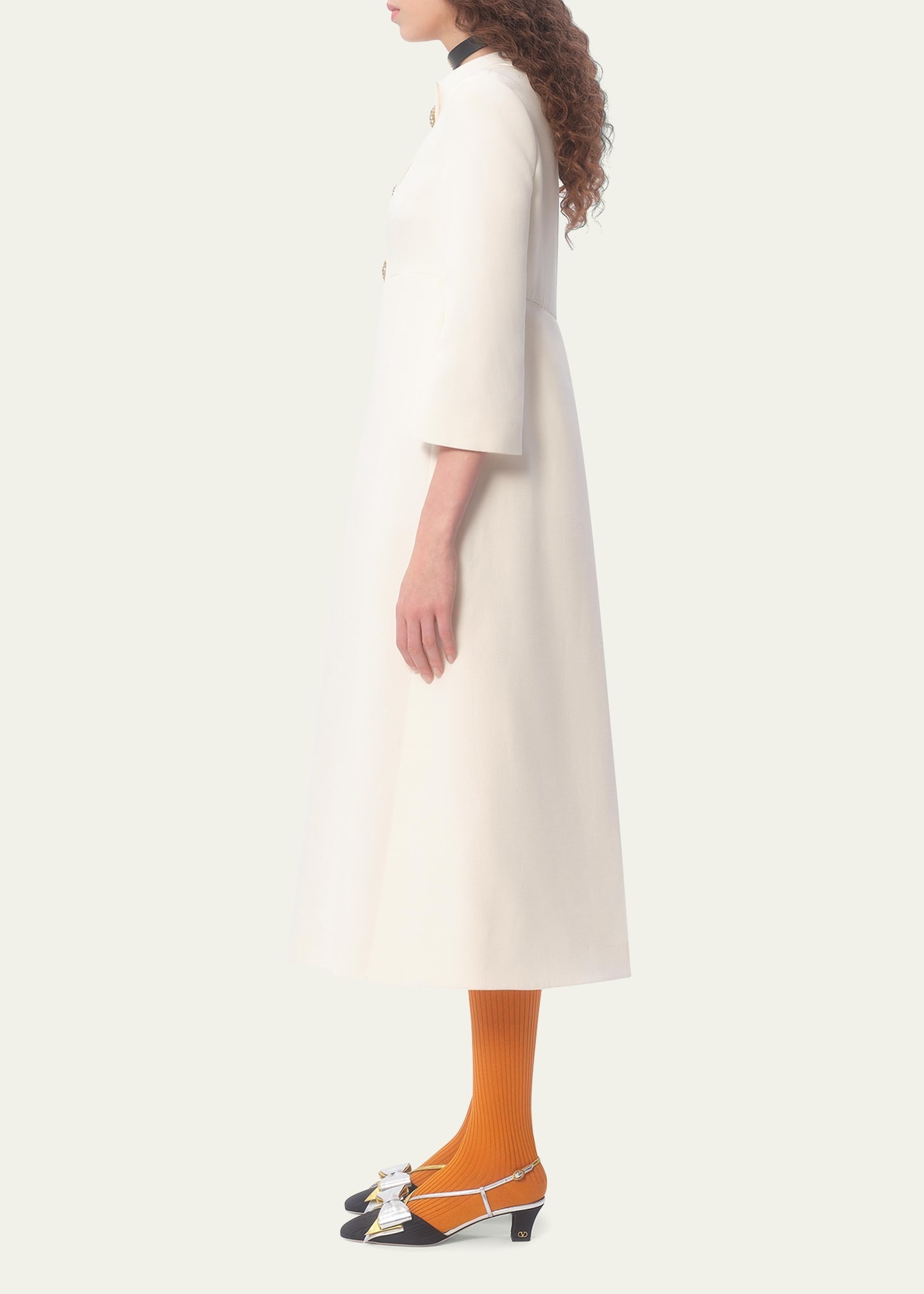 Quarter-Sleeve Brooch Wool Midi Dress - 3