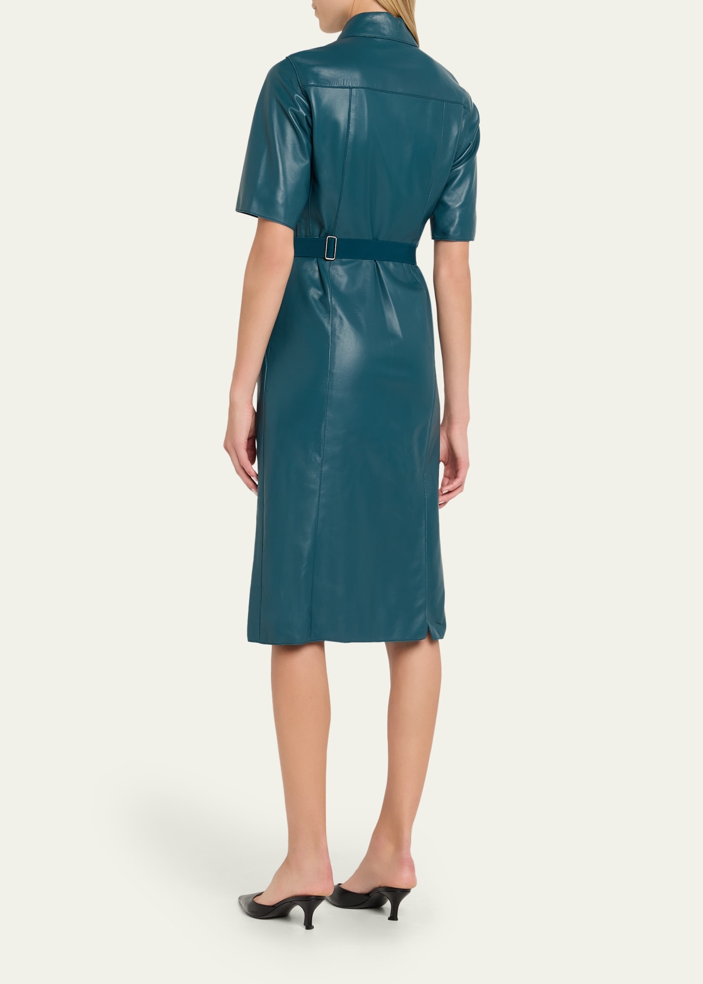 Short-Sleeve Nappa Leather Belted Shirtdress - 3