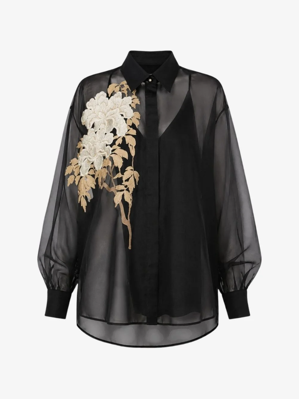 floral-embroidery silk shirt - 1