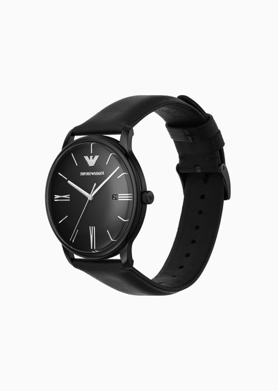 EMPORIO ARMANI Three-Hand Date Black Leather Watch outlook