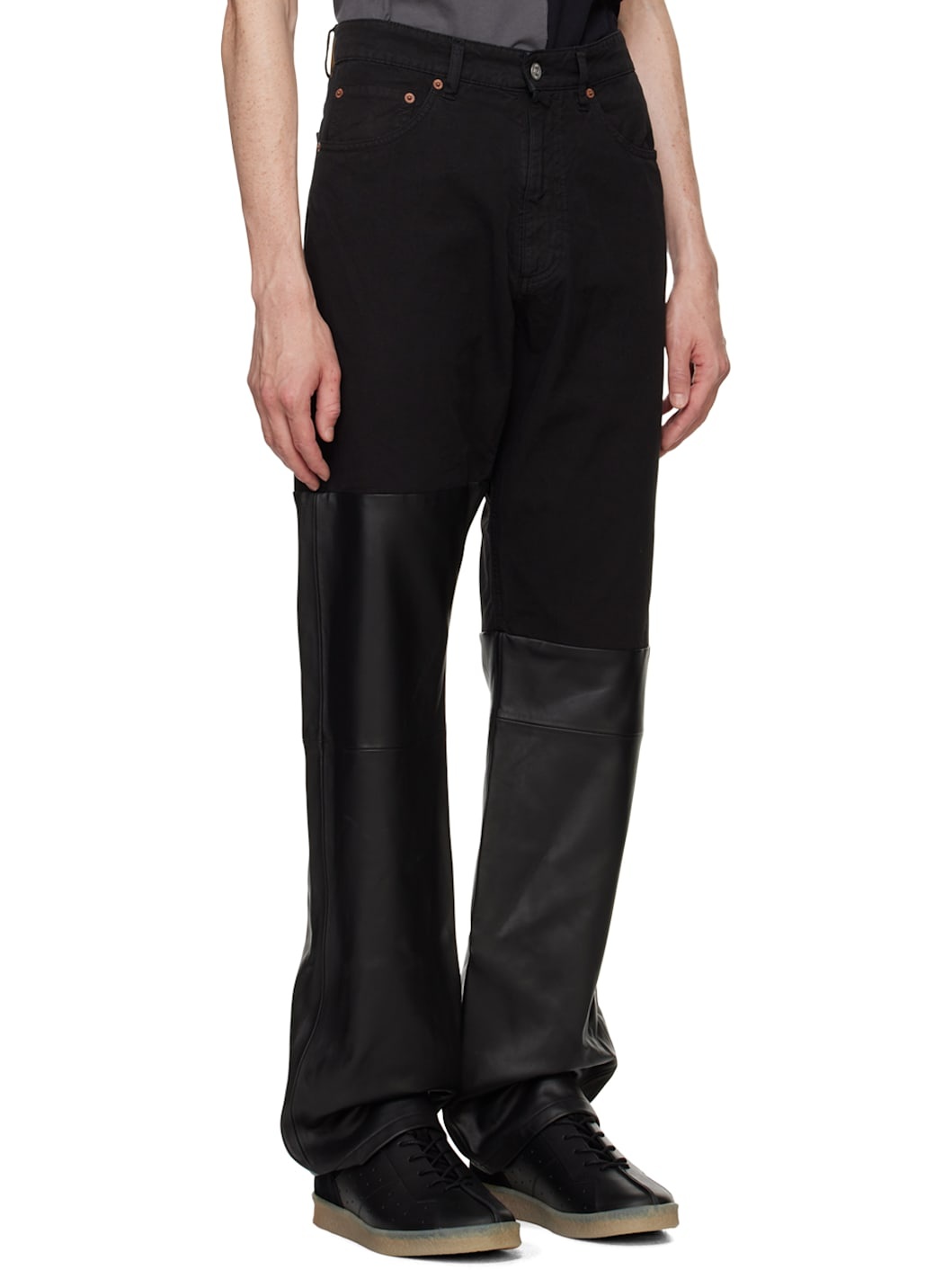 Black Paneled Leather Jeans - 2