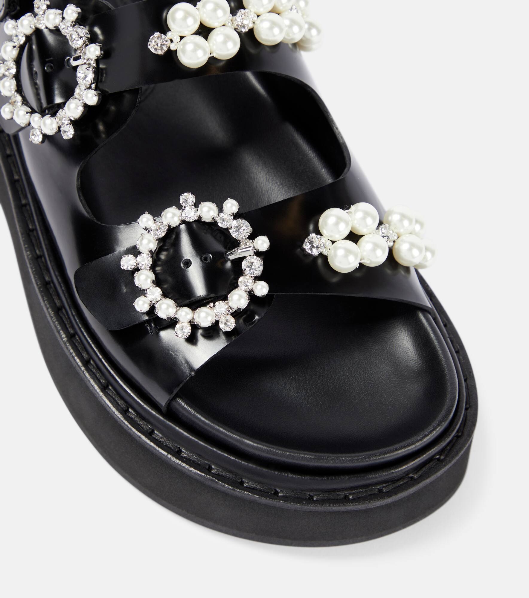 Faux pearl-embellished leather platform sandals - 6