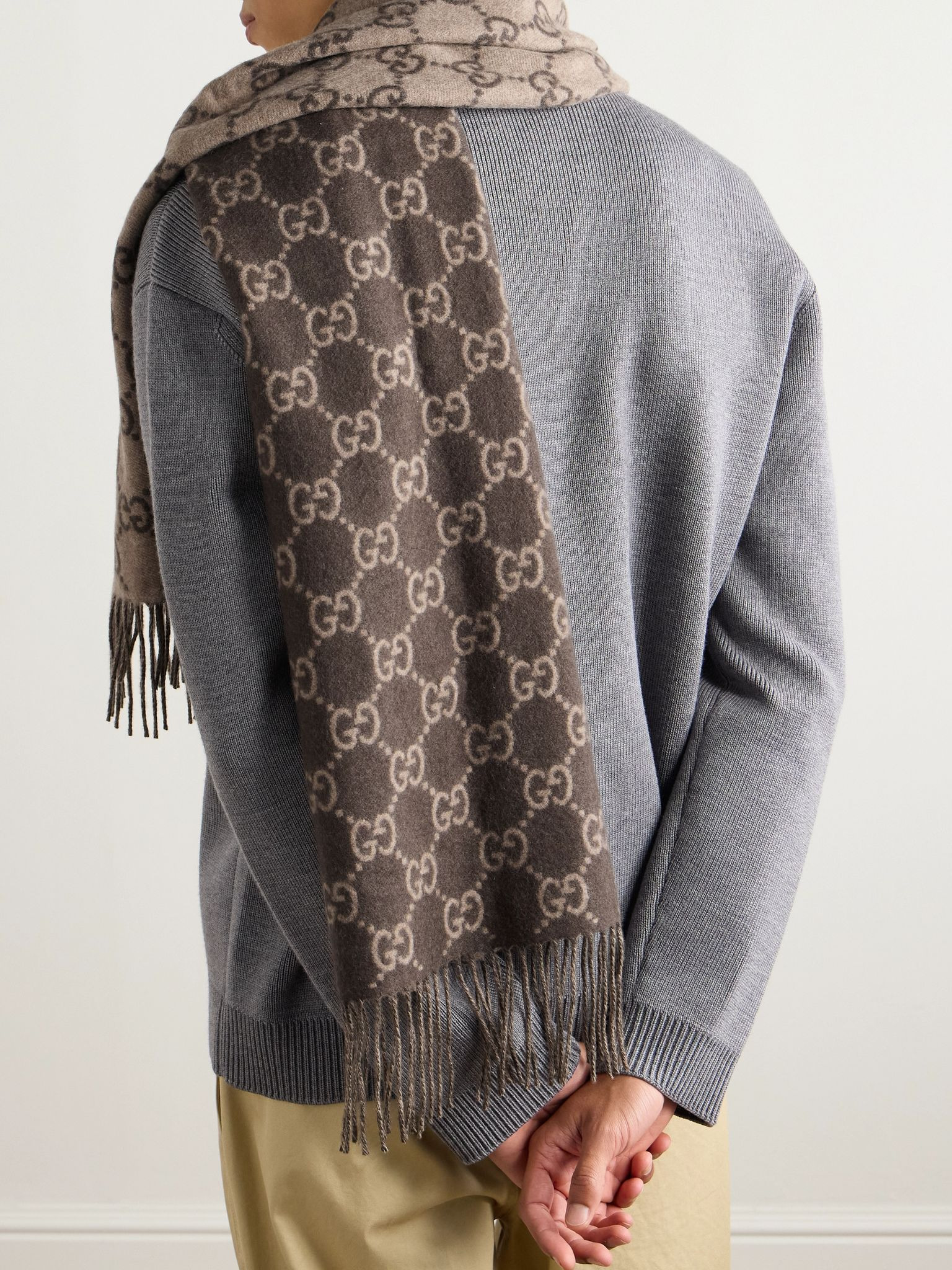 Fringed Logo-Jacquard Cashmere Scarf Brown - 2