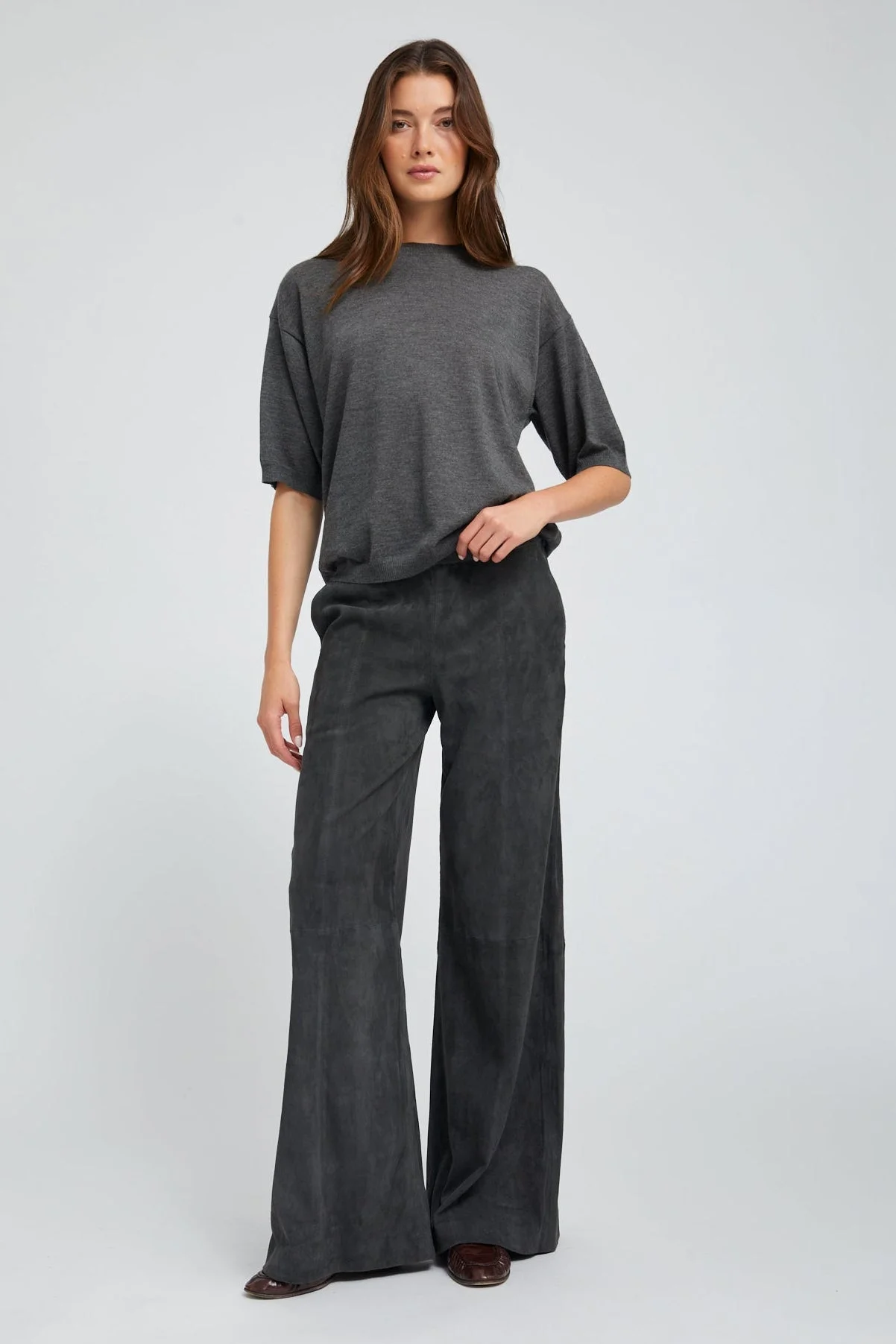 CHARCOAL SUEDE WIDE LEG TROUSERS - 1