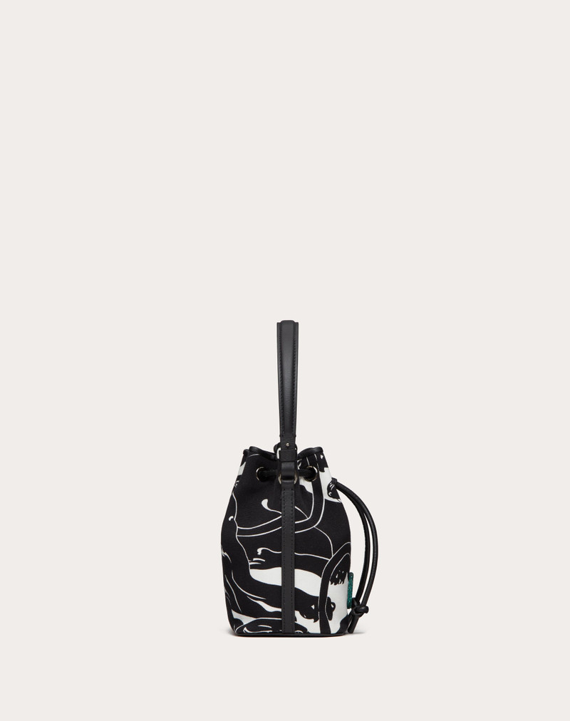 MINI VALENTINO GARAVANI ESCAPE BUCKET BAG IN CANVAS WITH PANTHER PRINT AND JEWEL LOGO 5
