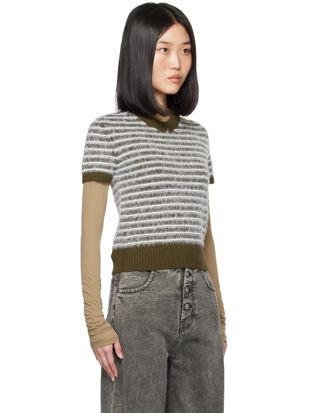 Khaki & White Striped Sweater - 2