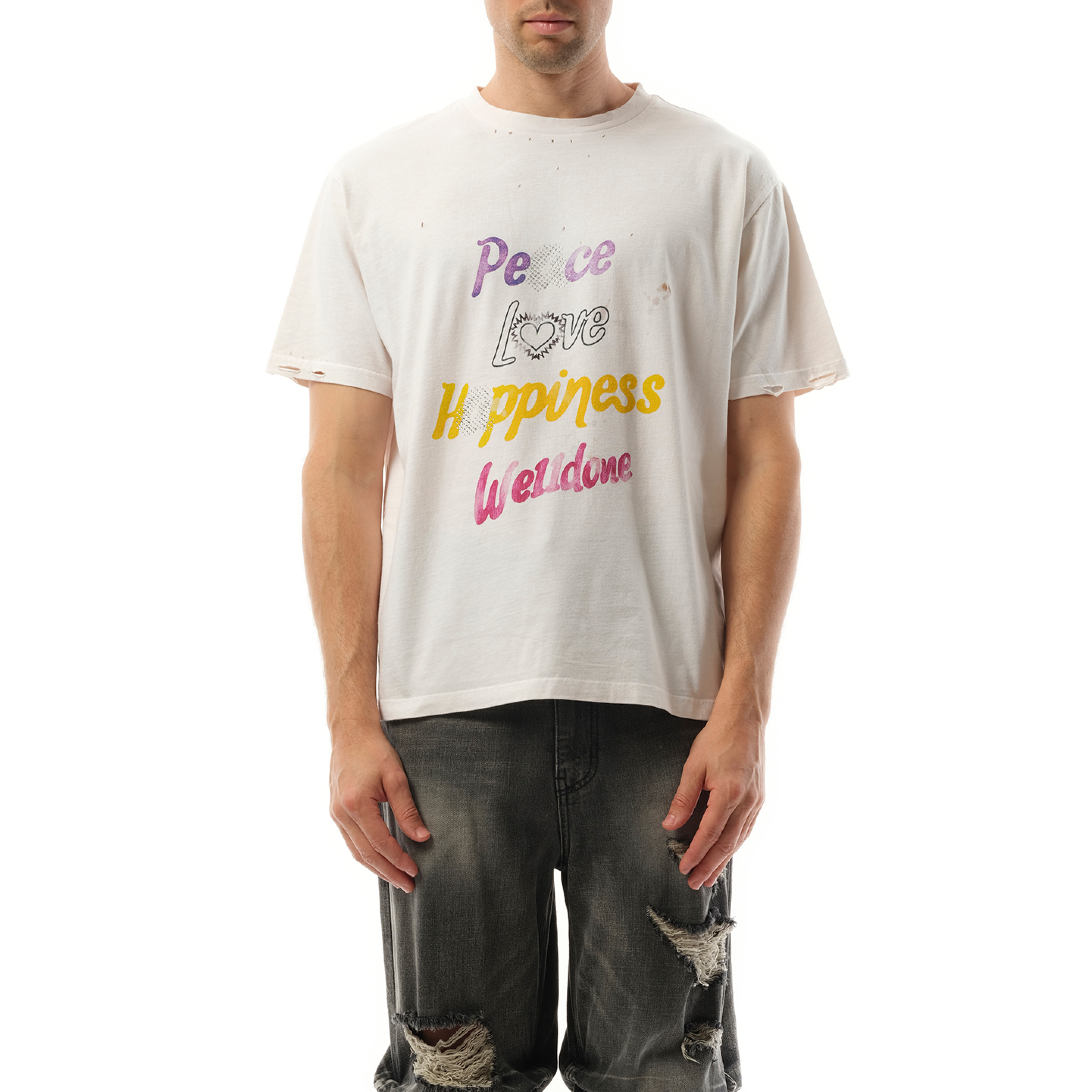 White Lettering Print Distressed T-Shirt in White - 1