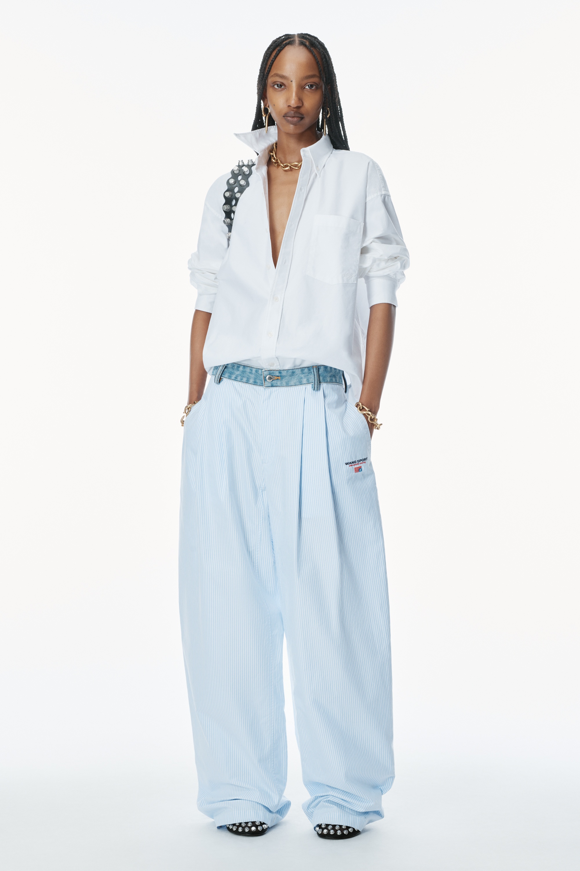 Cotton Oxford Pants with Denim Waistband - 2