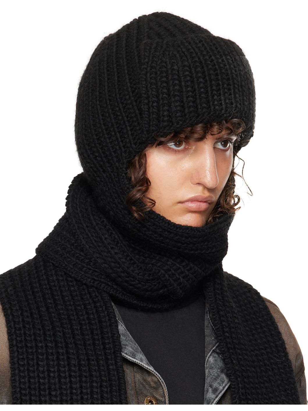 Black Chunky Muffler Beanie - 2