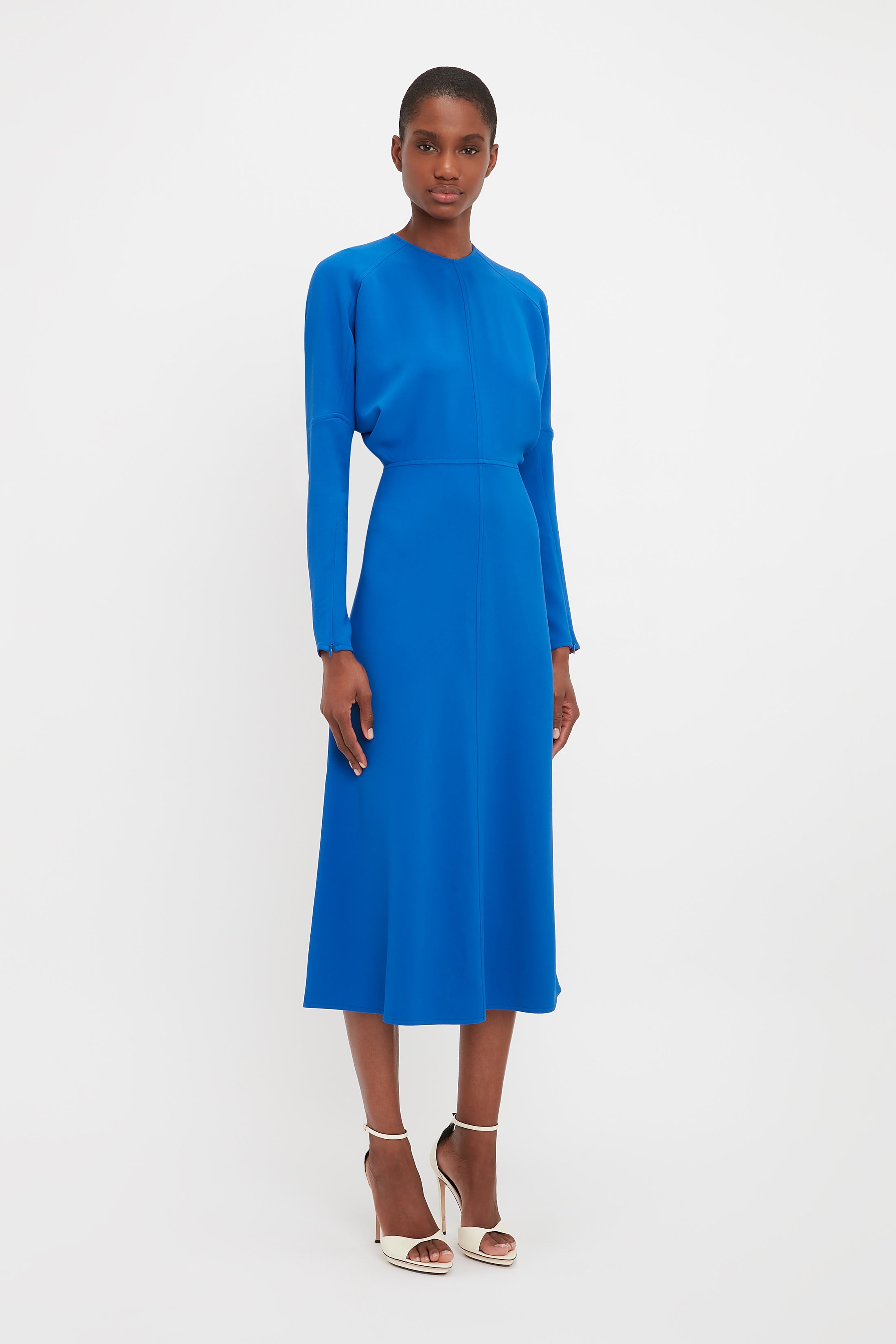 High Neck Asymmetric Draped Dress In Oxford Blue – Victoria Beckham UK