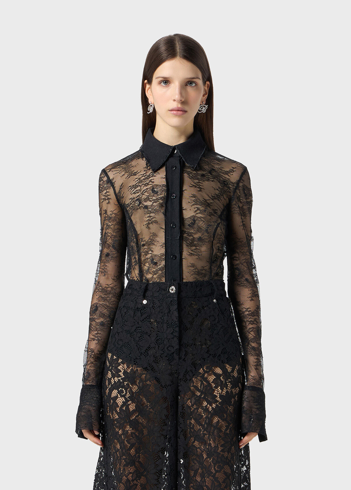 VALENCIENNES LACE BODY-SHIRT WITH DENIM INSERTS - 2