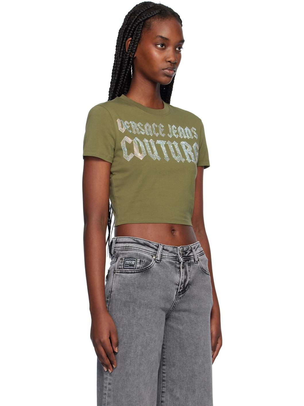 Khaki Crystal Gothic Logo Crop T-shirt - 2