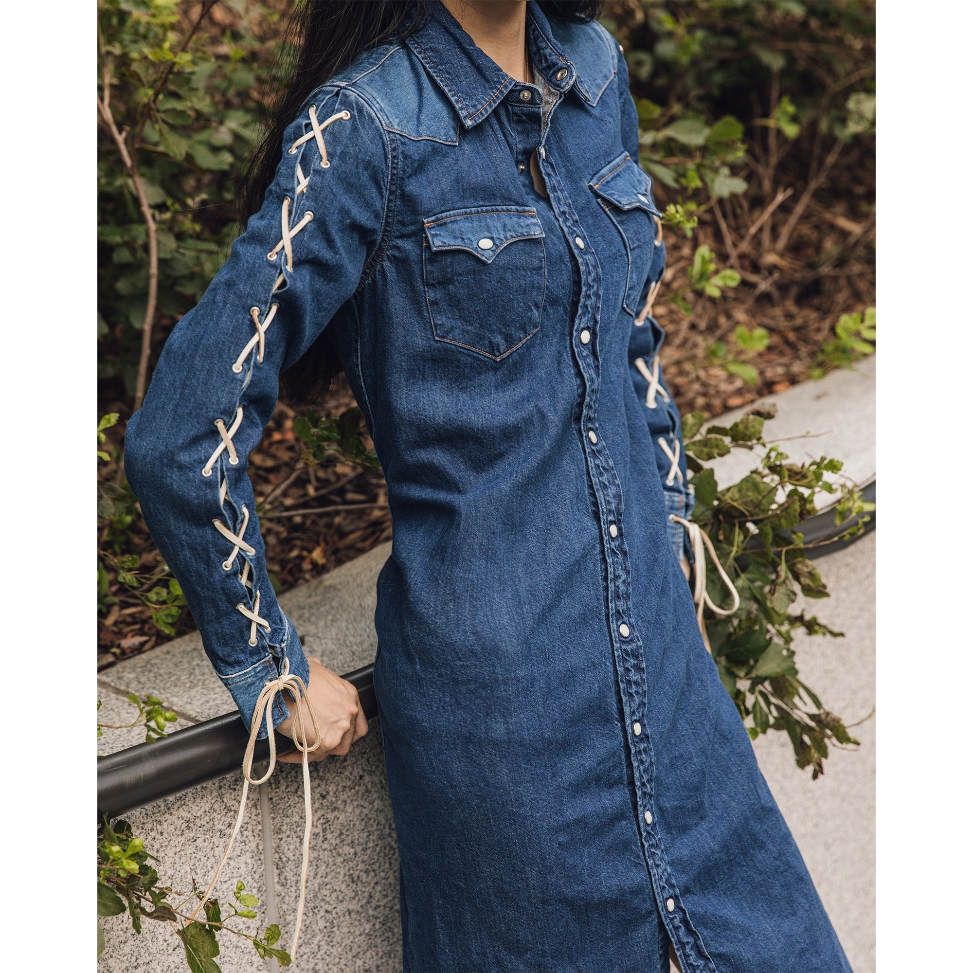 8oz DENIM LACE-UP WESTERN DRESS - INDIGO - 2