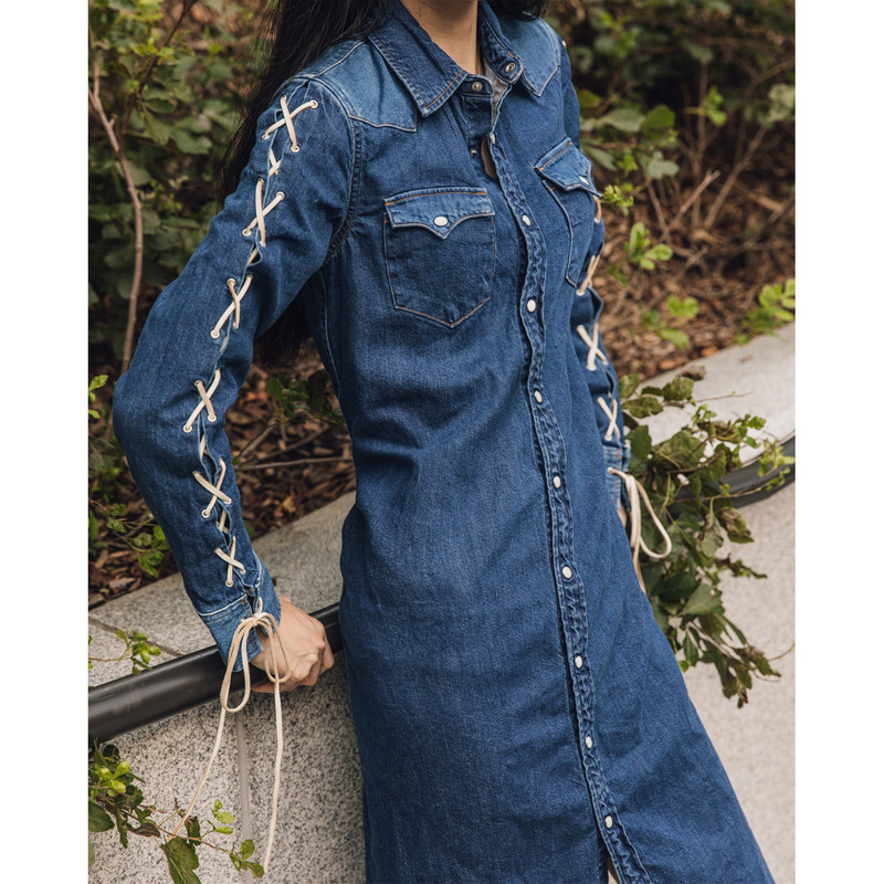 Kapital 8oz DENIM LACE-UP WESTERN DRESS - INDIGO outlook