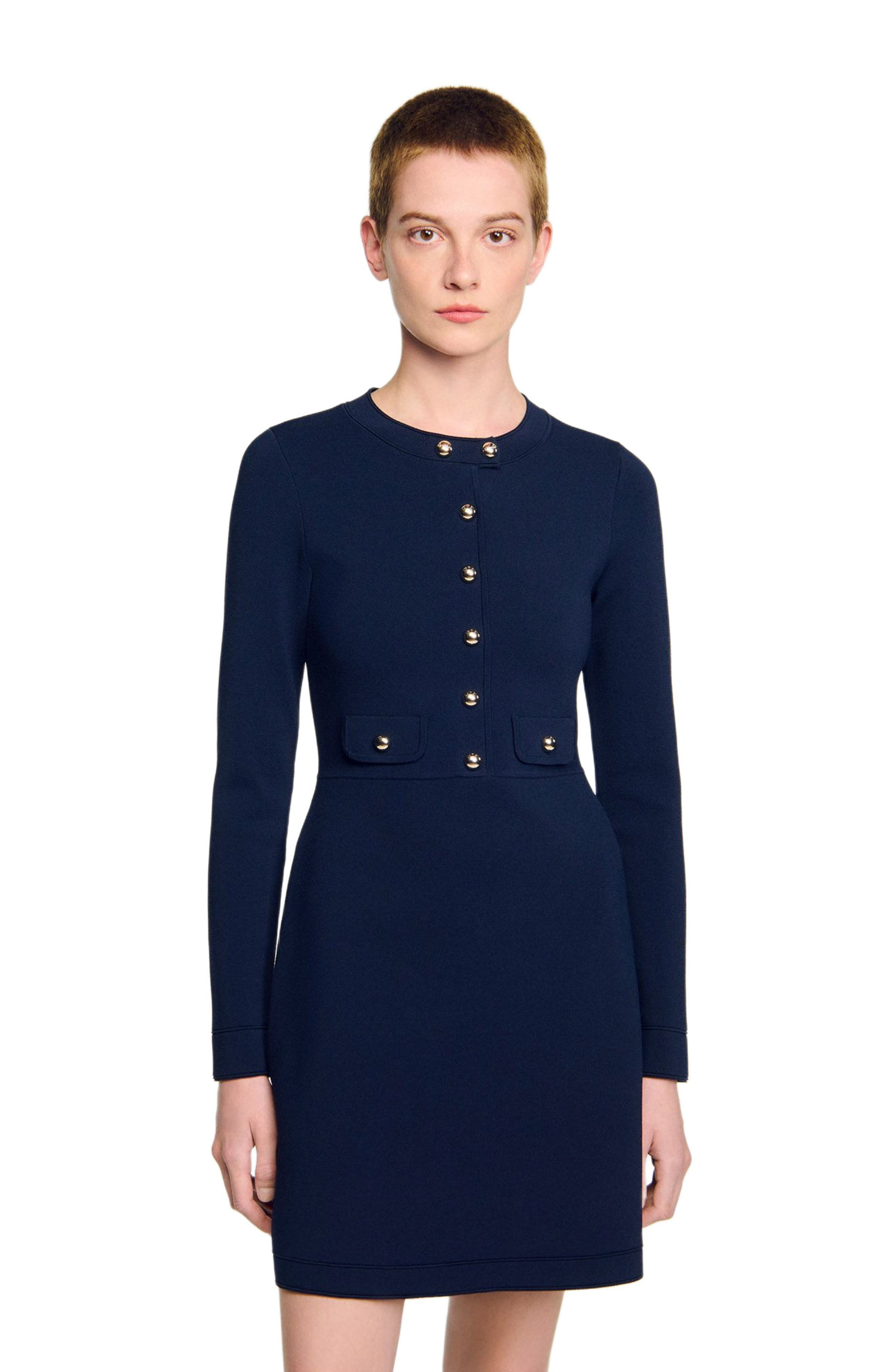 SANDRO Short button-up knit dress in Navy Blue at Nordstrom - 3
