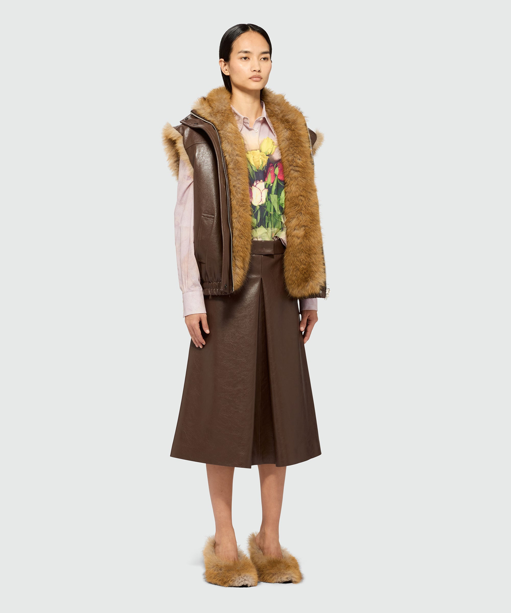 Brown hammered faux leather midi skirt - 4