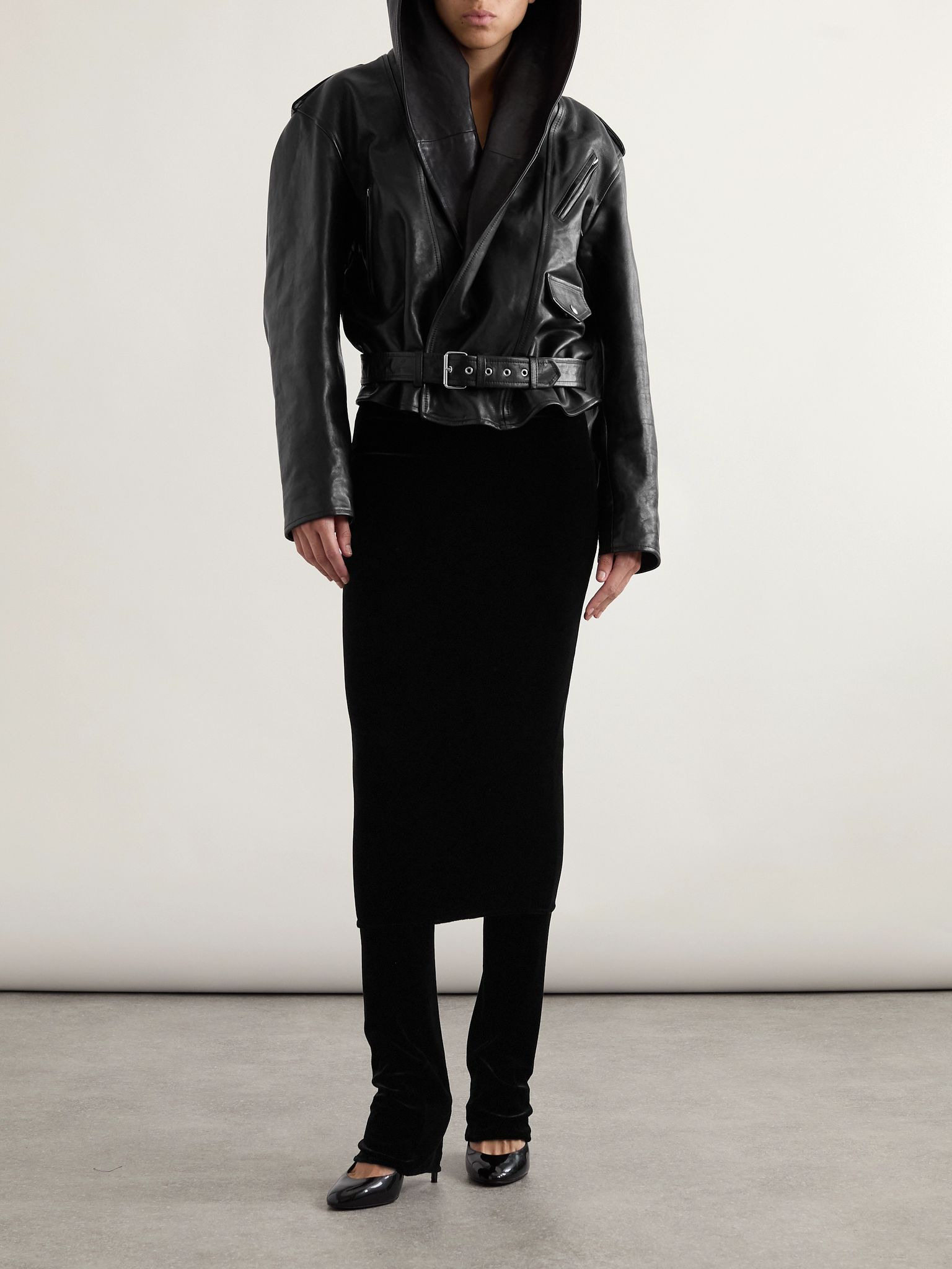 Layered stretch-velvet straight-leg pants Black - 2