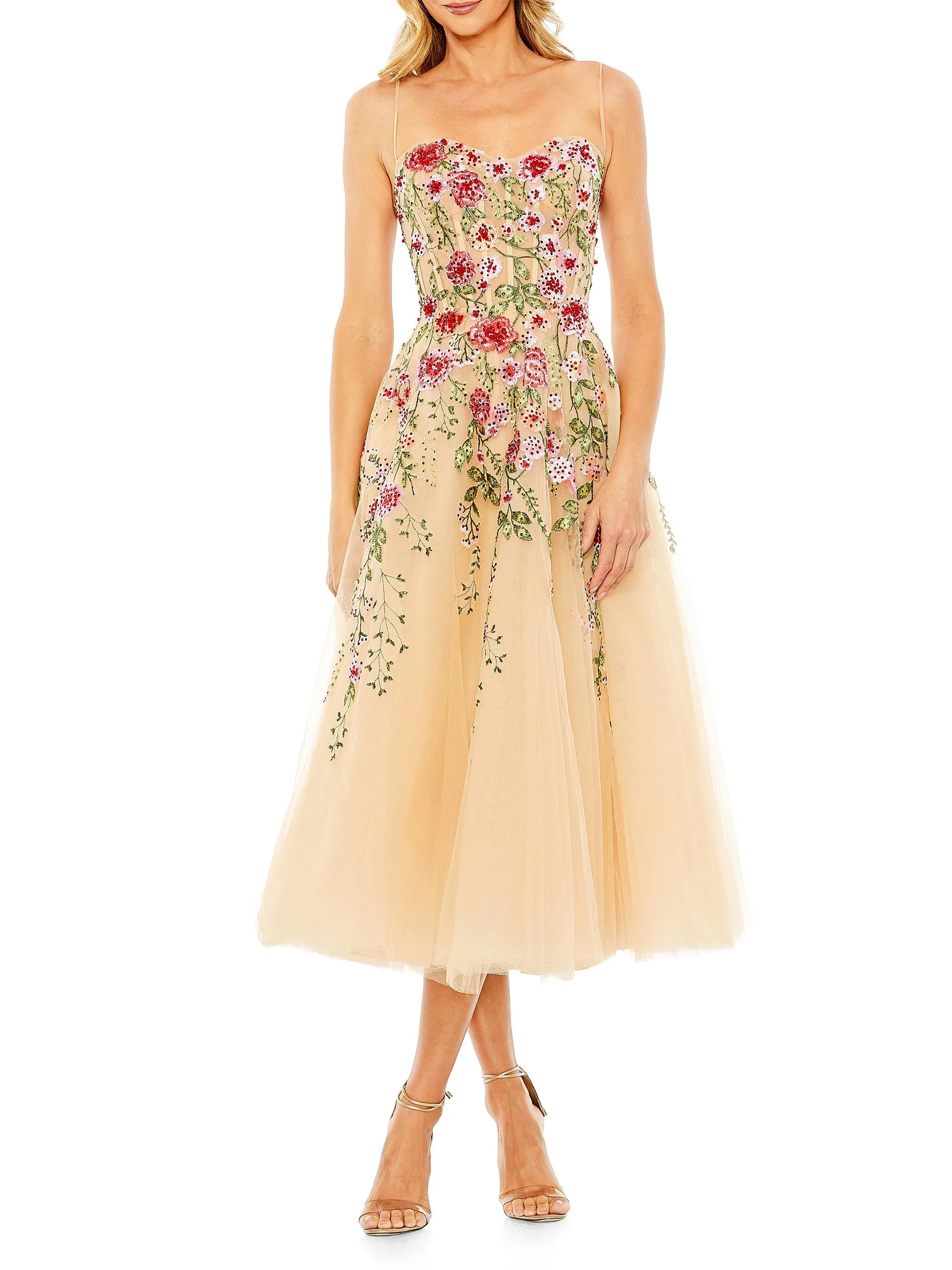 Women's Cocktail Floral Embroidered Tulle Midi-Dress - Beige Multi - 1