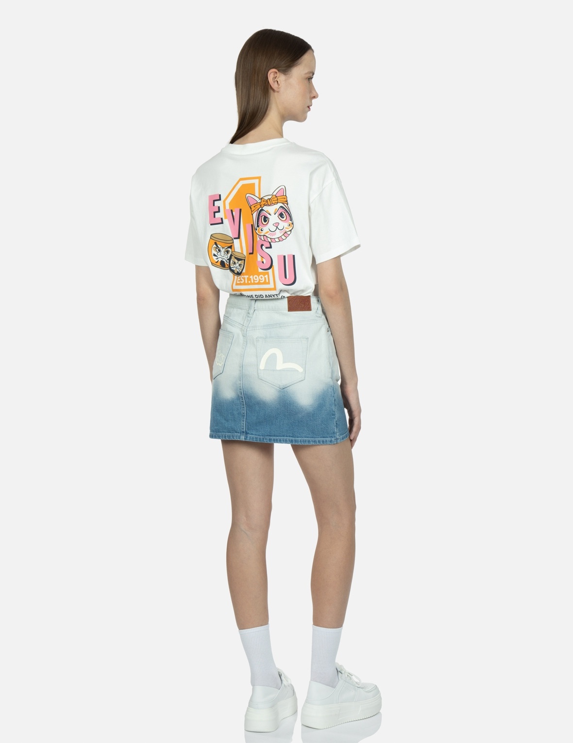 GRAFFITI LOGO AND SEAGULL PRINT BLEACHED DENIM SKIRT - 3