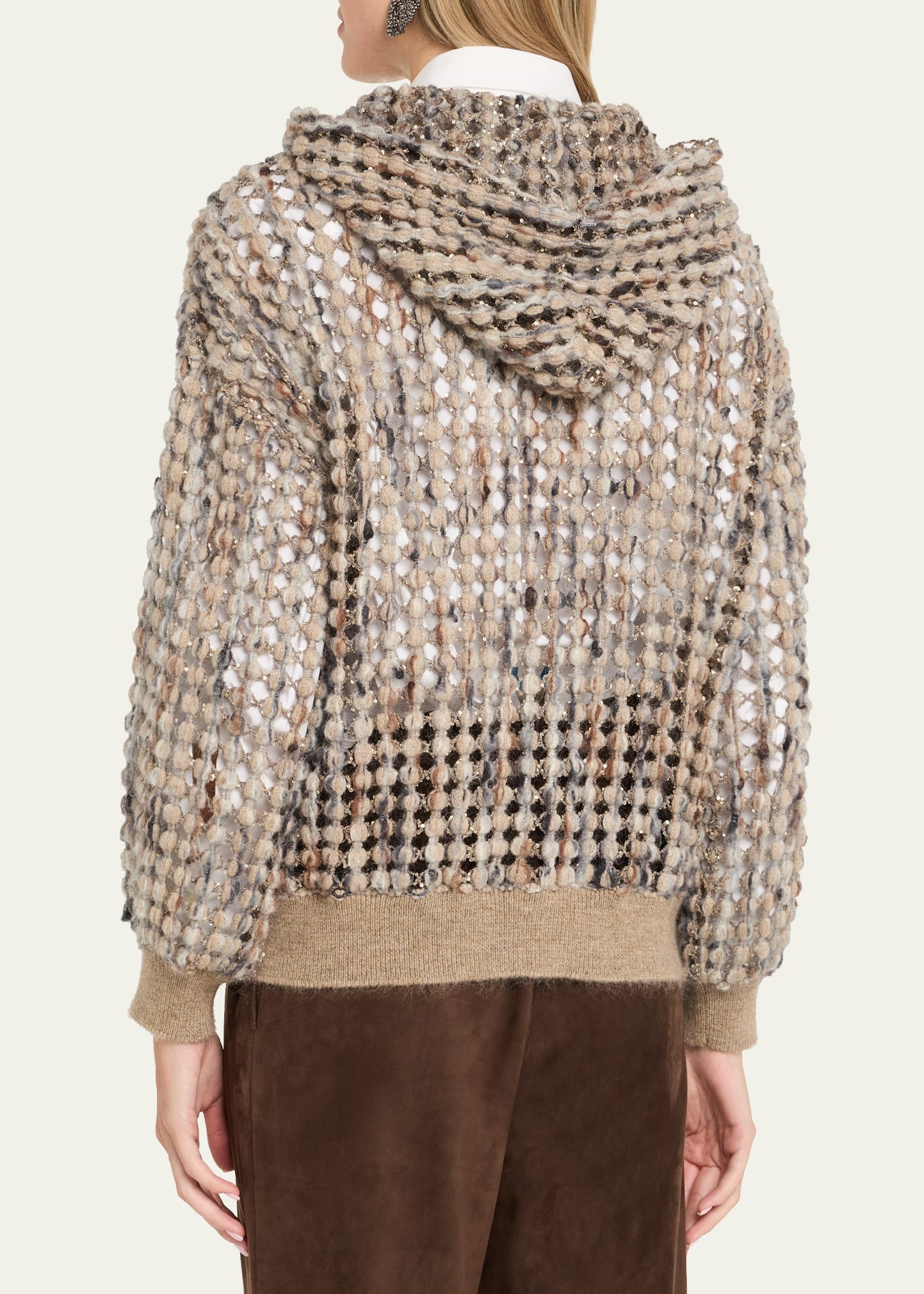 Pailette Wool-Cashmere Net Balloon-Sleeve Zip Hoodie - 3