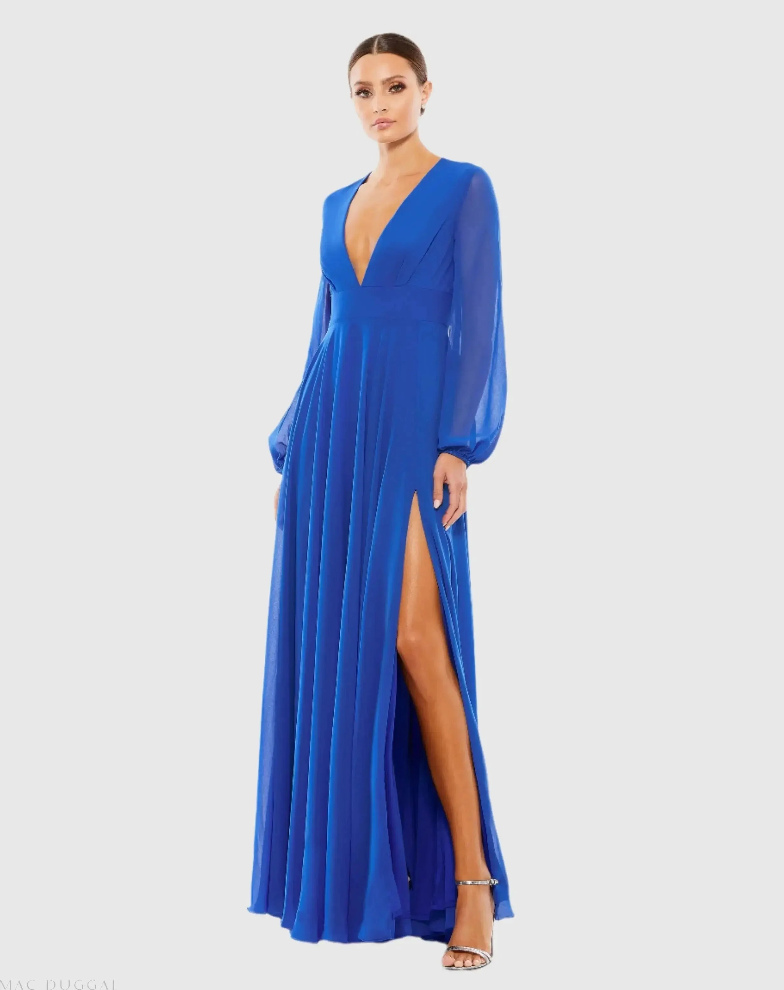 Blue V-Neck Illusion Long Sleeve Chiffon Gown - 1