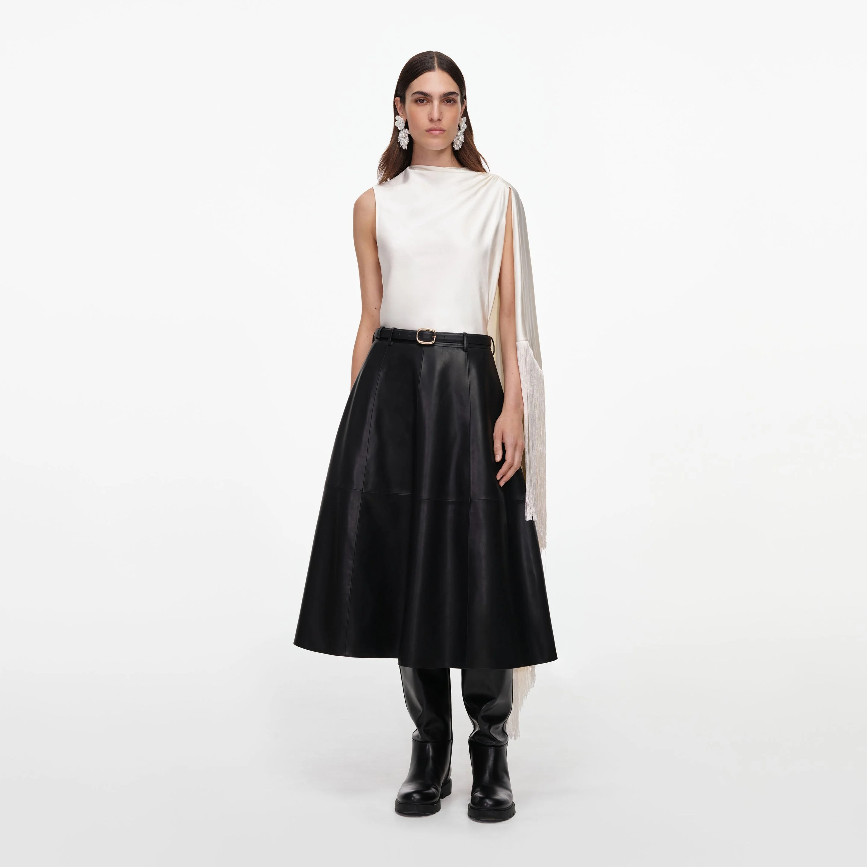 Cream Satin Fringed Scarf Top - 1