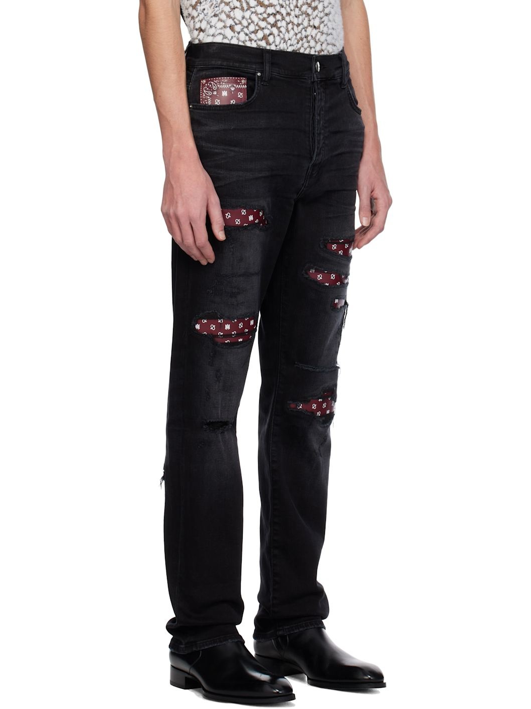 Black Leather Bandana Repaired Slim Jeans - 2