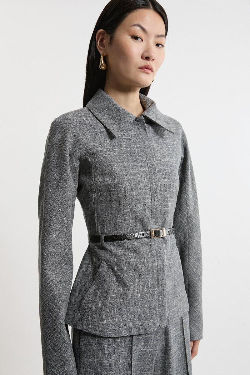 Mono Texture Belted Collared Tailored Jacket 1