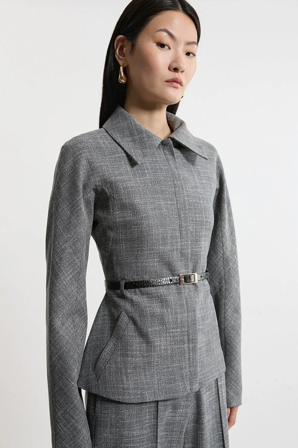 Mono Texture Belted Collared Tailored Jacket - 1