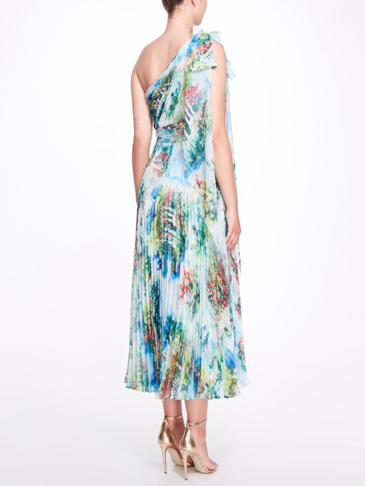 ONE SHOULDER PRINTED CHIFFON PLEATED DRESS - 3