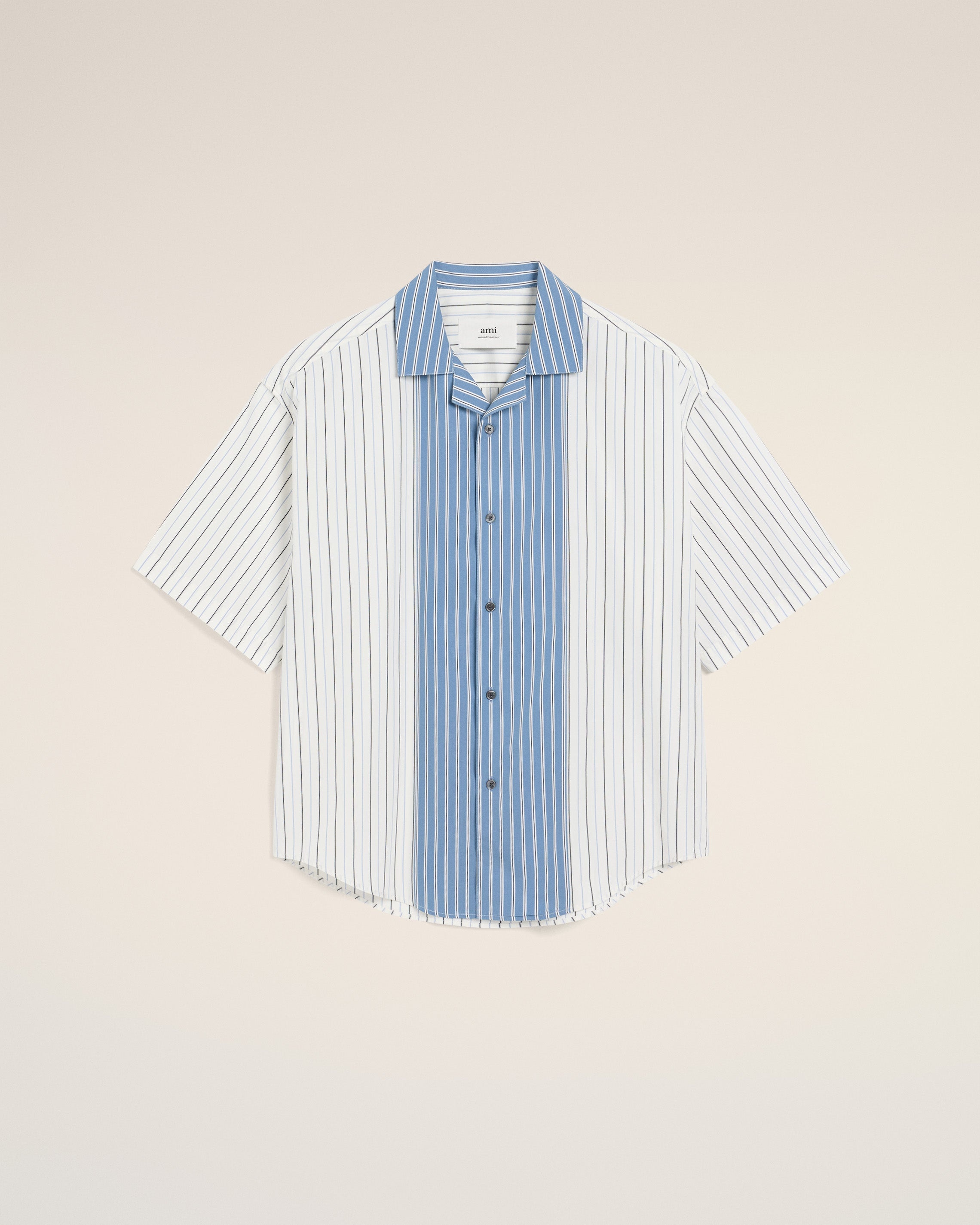WHITE AND BLUE COTTON SHORT SLEEVE BOXY SHIRT - 2