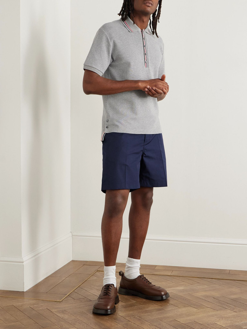 Thom Browne Logo-Appliquéd Striped Waffle-Knit Cotton Polo Shirt Gray outlook