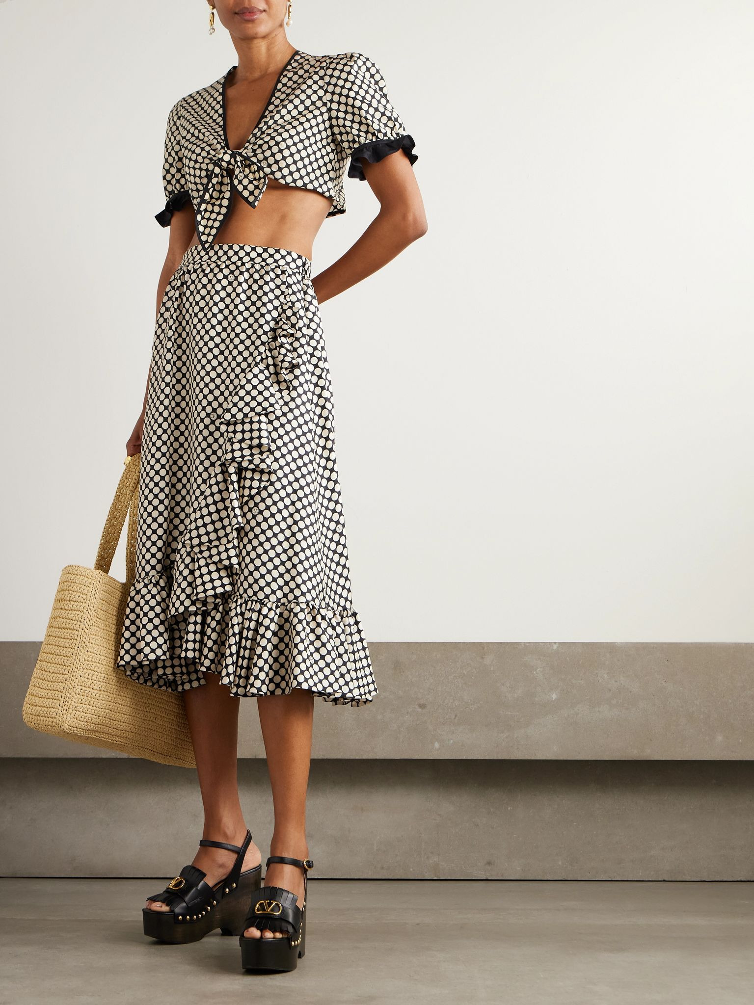 Ruffled wrap-effect polka-dot silk-twill midi skirt Black - 2