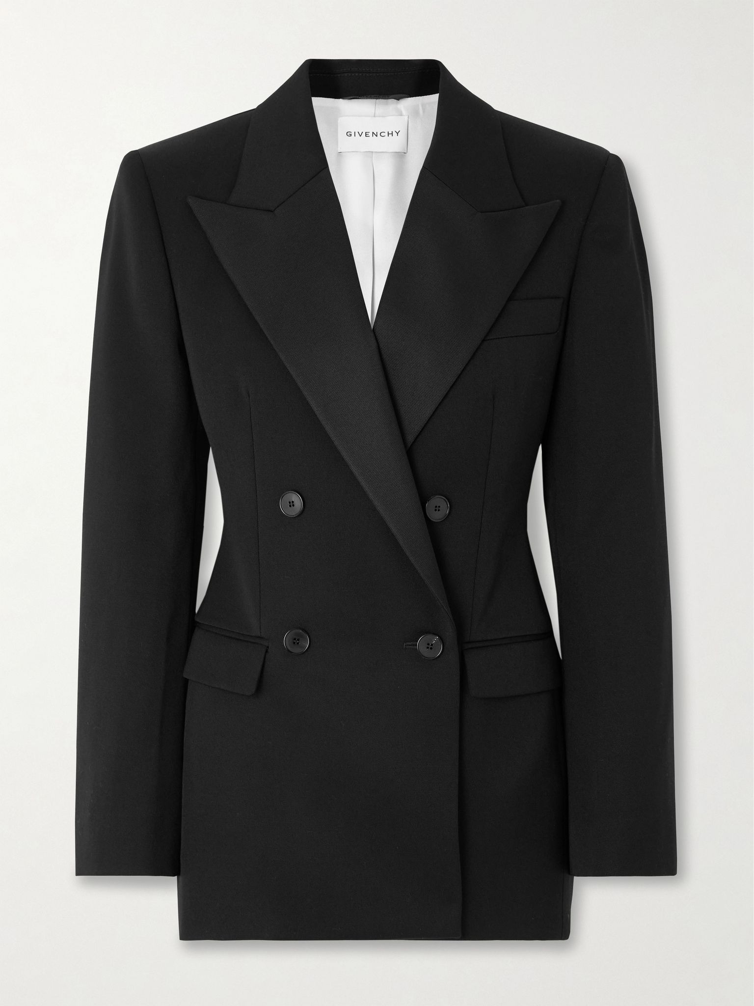 Double-breasted faille-trimmed grain de poudre wool blazer Black - 1