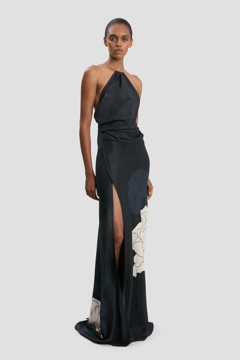 Halter Gown In Dark Navy Floral Print 3