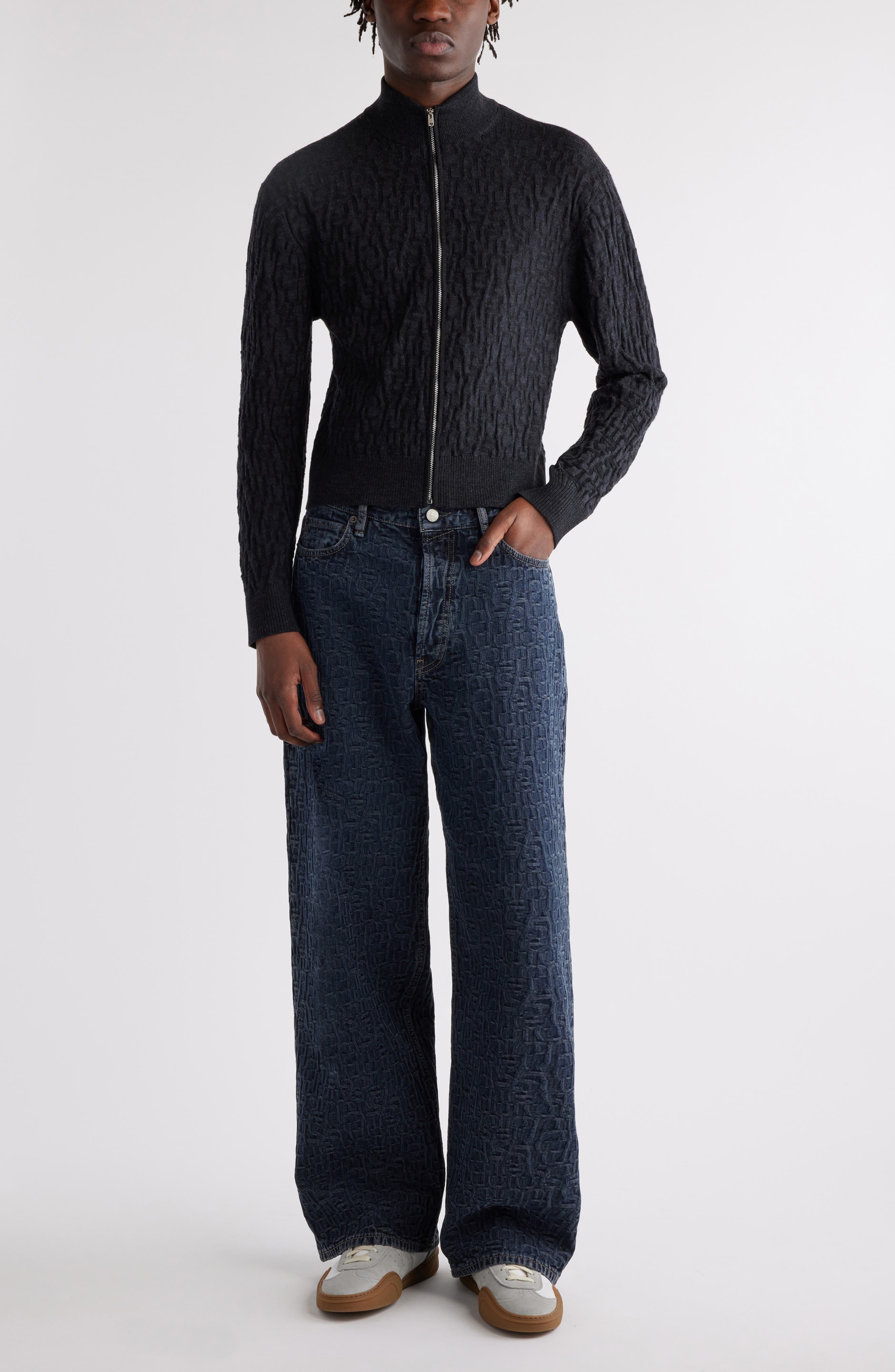 Acne Studios Debossed Zip-Up Wool Cardigan in Black/Grey at Nordstrom - 2