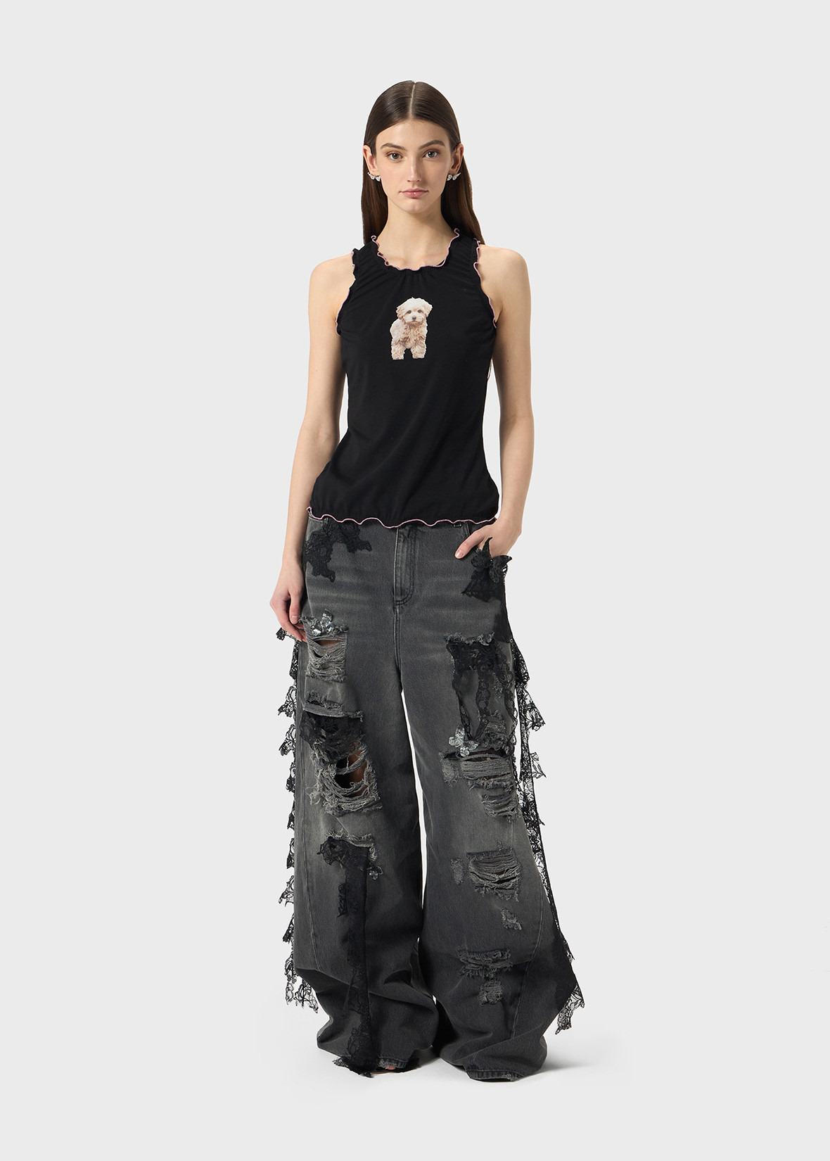DESTROYED EXTRA BAGGY JEANS WITH LACE TRIM - 2