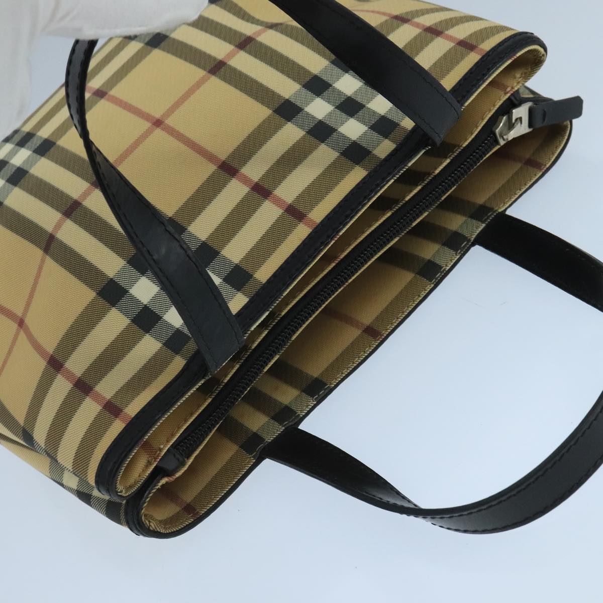 Burberry Nova Check Hand Bag Coated Canvas Beige Black Silver - 6
